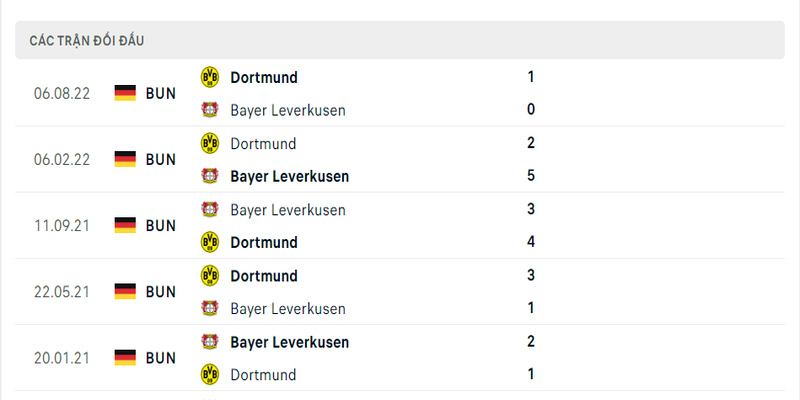 Lịch sử đối đầu 2 đội Leverkusen vs Dortmund